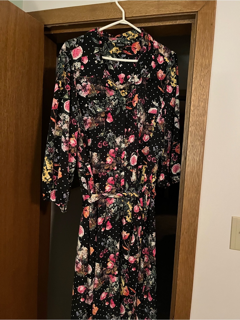 Torrid Black Floral Button-Front Midi Dress with Tie Waist